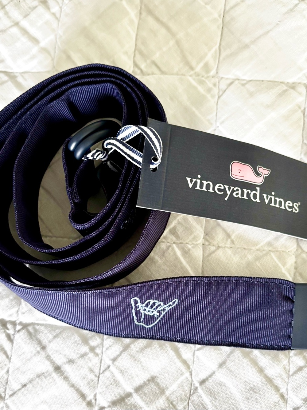 Vineyard Vines Navy Belt with light blue Shaka Stitching